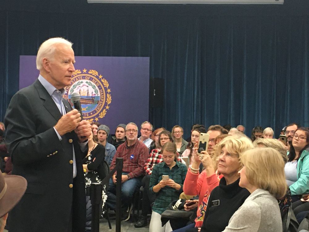 Eileen and Beth Rodd listening to President Joe Biden